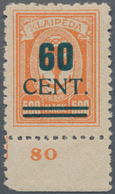 Memel: 1923, 60 C Auf 500 M Orange, Type I, Sog. "Grünaufdruck", Unterrandstück Von Feld 98, Herstel - Klaipeda 1923