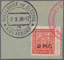 Sudetenland - Niklasdorf: 1938, Freimarke Wappen Mit Handstempelaufdruck 2 Kc. Auf 20 H. Rot, Auf Br - Sudetenland