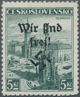 Sudetenland - Rumburg: 1938, 5 Kc. Freimarke Mit Buchdruck-Aufdruck "Wir Sind Frei!", Dabei Tropfenf - Sudetes
