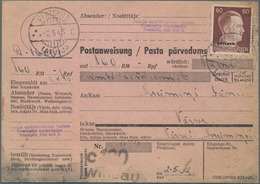 Dt. Besetzung II WK - Ostland: 1945, KURLAND: Komplette Postanweisung (Spuren) Mit 40 Pfg. EF Ab "VE - Occupation 1938-45
