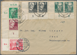DDR: 1952/1953, 5-Farbenbrief Mit 4x Eckrand- Und 1x Randstück Auf Brief Von Dresden Nach Jena, Dabe - Covers & Documents