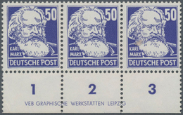 DDR: 1953, 50 Pfg. Marx Dunkelviolettblau Im Waagerechten Dreierstreifen Aus Der Linken Unteren Boge - Storia Postale