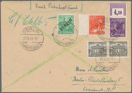Berlin - Postschnelldienst: 6 U. 84 Pf. Schwarz Mit 8 Pf. Rotaufdruck Sowie Paar 1 Pf Bauten Zusamme - Storia Postale