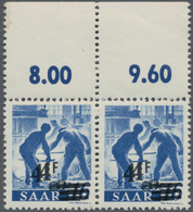 Saarland (1947/56): 1947, 4 Fr. Auf 16 Pfg. Neuauflage Mit Doppeltem Aufdruck Im Waagerechten Paar V - Unused Stamps