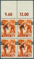 Saarland (1947/56): 1947, 6 F. Auf 24 Pfg. Als Postfrischer 4-er Block Mit Kopfstehendem Aufdruck Vo - Neufs