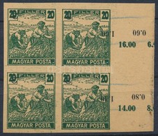 (*) 1919 Magyar Posta Arató 20f Sötétzöld Próbanyomat Elcsúszott értékszámmal Vágott Négyestömbben Jobb Oldali ívszéllel - Andere & Zonder Classificatie