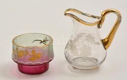 Kisméretű üveg Kiöntő + Pohár, Kézzel Festett, Kis Kopásokkal, M: 4 Ill. 8 Cm - Glass & Crystal