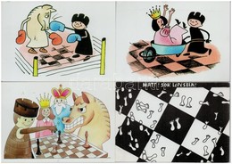 ** * 8 Db MODERN Sakk Karikatúra Motívumlap, Mészi / 8 Modern Chess Motive Postcards With Caricatures - Ohne Zuordnung