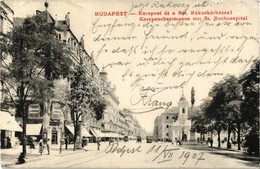 T2/T3 1907 Budapest VIII. Rákóczi út (Kerepesi út), Rókus Kórház, Templom, Villamos, Köztisztviselők áruháza, Singer Var - Zonder Classificatie