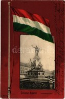 T2/T3 1902 Arad, Szabadság Szobor, üzletek. Magyar Zászlós Litho Keret / Statue, Shops. Hungarian Flag Litho Frame (EK) - Non Classificati