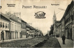 T2/T3 Beszterce, Bistritz, Bistrita; Kórház Utca, építkezés, üzletek. Újévi üdvözlet Malaccal / Spitalgasse, Prosit Neuj - Zonder Classificatie