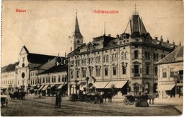 T3 1914 Kassa, Kosice; Andrássy Palota, Andrássy Kávéház, Drogéria (gyógyszertár), Gilányi, Varga Bertalan üzlete és Saj - Unclassified