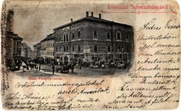T4 ~1899 Selmecbánya, Schemnitz, Banská Stiavnica; Deák Ferenc Utca, Takáts Miklós üzlete, Piaci árusok. Nyomta és Kiadt - Zonder Classificatie