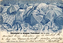 T2 1906 Tátra, Tatry; Magas Tátra Vihar és Esőben, Esernyők. Feitzinger Ede  / Vysoké Tatry In Storm And Rain, Umbrellas - Zonder Classificatie