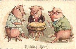 T2/T3 Boldog Újévet! / Pigs Playing Card Game. Litho - Ohne Zuordnung