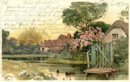 T2 Ducks, Houses, Cherry Tree, Winkler & Schorn Sonnenschein-Postkarte Serie IV., Golden Decoration Litho - Ohne Zuordnung