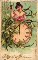 T2/T3 'Boldog új évet!' / New Year, Lady With Clock, Floral, Golden Decorated, Litho, Emb. (EK) - Non Classificati