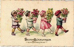 ** T2 'Besten Glückwunsch Zum Namenstage' / Nameday, Children With Flowerpots, Litho - Zonder Classificatie