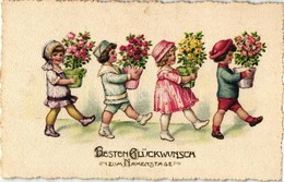 ** T2 'Besten Glückwunsch Zum Namenstage' / Nameday, Children With Flowerpots, Litho - Ohne Zuordnung