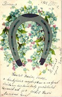 T2 Greeting Card With Horseshoe, Floral, Litho - Ohne Zuordnung