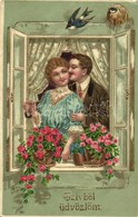 T2/T3 Love Greeting Card, Couple, Swallows, Floral, Golden Litho (EK) - Zonder Classificatie