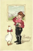 T2/T3 'Boldog új évet!' / New Year, Child In Traditional Dress, Folklore, Goose With Bowtie, Erika No. 2575, Litho, Emb. - Non Classés