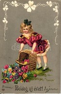 T2/T3 'Boldog új évet!' / Girl With Basket Of Flowers, Litho, Emb. (EK) - Zonder Classificatie