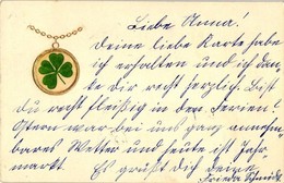 T2 Greeting Card, Pendant With Clover, Golden Decorated, Emb. - Ohne Zuordnung