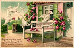 T2 'Taubchen Traget Meine Grüsse...' / Doves With Letters, Roses, Litho, Emb. - Zonder Classificatie