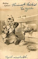 T2/T3 New Year, Child, Pig, Humour, Litho (EK) - Unclassified