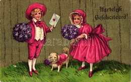 * T2/T3 'Hartelijk Gefeliciteerd!' / Greeting Card, Children With Dog, M.A.B. No. 18254, Litho, Emb. (Rb) - Zonder Classificatie