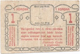 Beregszász 1919. Szeptember 1. 1K Szükségpénz T:III- Adamo BER-1.1 - Non Classés