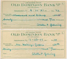 Amerikai Egyesült Államok / Virginia 1957. 'Old Dominion Bank' Csekk (2x) Hátoldalon Bélyegzett, Perforált T:III
USA / V - Non Classificati