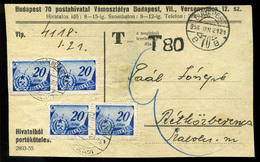 BUDAPEST 1956. Vámosztály, Portóköteles értesítő Csomagról , 80f Portó Bélyegzéssel Rétközberencsre Küldve, 4*20f Illeté - Covers & Documents