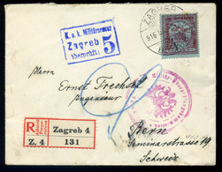 ZÁGRÁB 1916. Ajánlott, Cenzúrázott Levél Hadi Segély 50f-rel Svájcba Küldve - Used Stamps