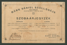 KISKUNMAJSA 1930. Cca. Márk Dániel Szállodája ,  Szobaárjegyzék - Unclassified