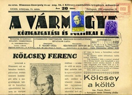 1938. Kölcsey Ünnepség , Dekoratív Postázott újság, Alkalmi, Francotyp Bélyegzéssel, Levélzáróval Postázva - Covers & Documents