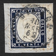 1862 - 20 Cent. Indaco (2) Con margine Del Foglio, Usato Su Piccolo Frammento Milano 18/3/1862. Raro Uso Nel Marzo 1862 - Afgestempeld