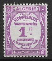 ALGERIE TAXE RECOUVREMENT 1F LILAS N° 19 NEUF * GOMME COULEE AVEC CHARNIERE - Strafport