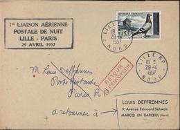 Cachet 1ere Liaison Aérienne Postale De Nuit Lille Paris 29 4 57 YT 1091 Colombophilie CAD Lille 29 4 57 Retour Envoyeur - 1960-.... Lettres & Documents