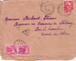 BOUCHES DU RHONE - LE SAMBUC - GANDON 15F - 9-1-1951 - LETTRE TAXEE AVEC 5F TAXE GERBE EN PAIRE. - 1859-1959 Storia Postale