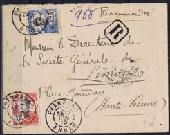 Annam Cover Recommandée  Phanrang A Limoges 1910  Yv 45 + 48 - Brieven En Documenten