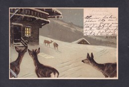 Illustrateur Mailick Fröhliche Weihnachten Noel Paysage D' Hiver Biche Biches Chalet Neige Chromo Lithographie - Mailick, Alfred