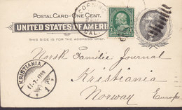 United States Uprated Postal Stationery Ganzsache Entier CORNING Calif. 1899 KRISTIANIA (Arr.) Norway (2 Scans) - Brieven En Documenten