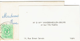 Ancienne Carte De Visite De Mr Et Mme VANDERMEULEN BRUYR Et Leur Fille Nadine, Rue E. Selvais, Ligny - Visitekaartjes