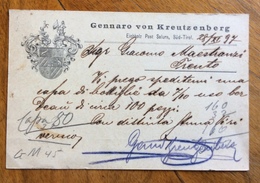 ENOLOGIA  KARTE  GENNARO VON KREUTZENBERG ORDINE VINO(autografo) Con AMB. KUFSTEIN-ALA N.64 DEL 29/1/1897 - Trento