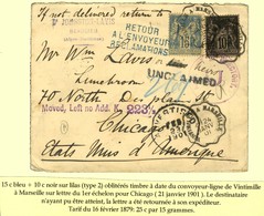 Conv. Ligne VINTIMILLE A MARSEILLE / N° 89 + 90 Sur Lettre Pour Chicago Retournée à Son Expéditeur Avec Diverses Griffes - 1876-1878 Sage (Typ I)