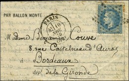 Etoile / N° 29 Càd PARIS (60) 10 NOV. 70 Sur Lettre PAR BALLON MONTE Pour Bordeaux Sans Càd D'arrivée. LE DAGUERRE Certa - Guerre De 1870