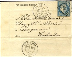 GC 904 / N° 37 Càd PARIS / CHARONNE 14 JANV. 71 Sur Lettre PAR BALLON MONTE Pour Langrune (Calvados). Au Verso, Càd D'ar - Oorlog 1870