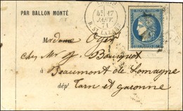 Etoile 2 / N° 37 Càd PARIS / R. ST LAZARE 17 JANV. 71 Sur Lettre Sans Texte PAR BALLON MONTE Pour Beaumont De Lomagne (T - Guerra Del 1870